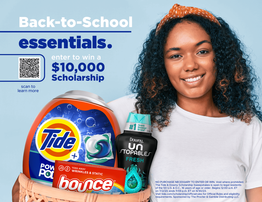 Girl Holding Laundry Basket of Back to School Essentials "Enter to win a $10,000 scholarship" scan to learn more Tide Downy Bounce