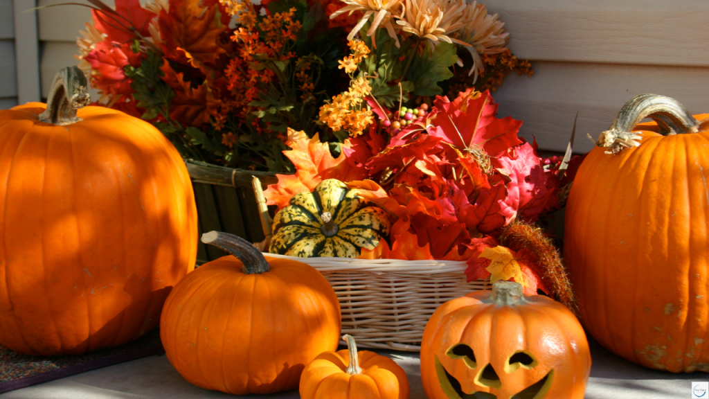 Fall Spooky Season outdoor porch decorations. Pumpkins, flowers, and leaves.