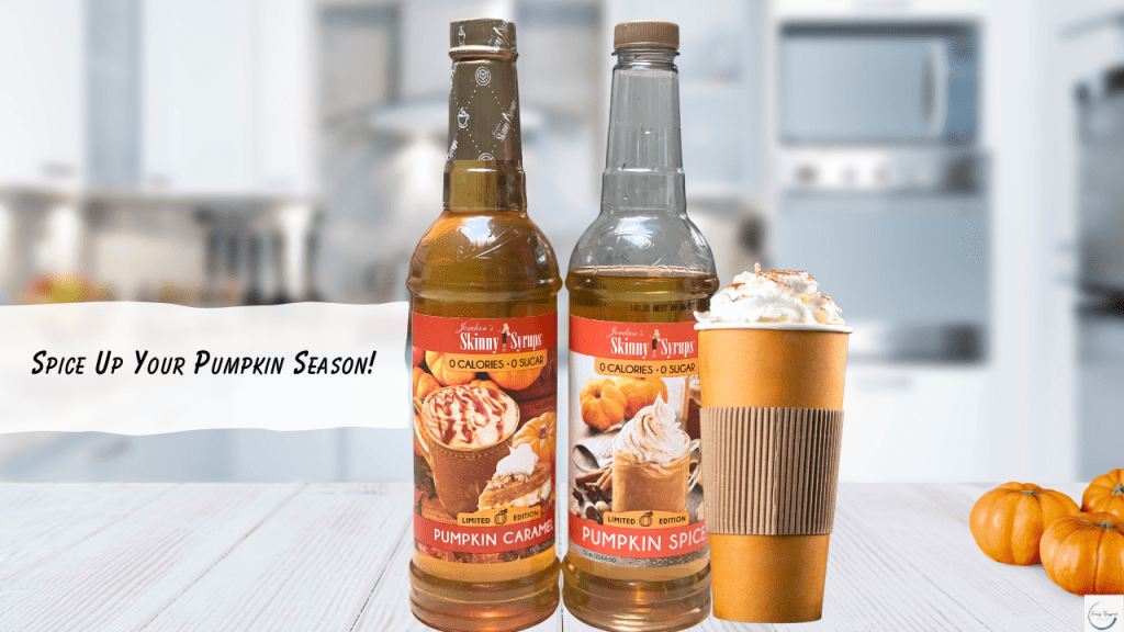 Spice Up Your Pumpkin Season with Jordan's Skinny Mixes for Pumpkin Spice Latte. Mini Pumpkins on counter with Pumpkin Spice Latte and Pumpkin Caramel and Pumpkin Spice 0 Calorie 0 Sugar Syrups 